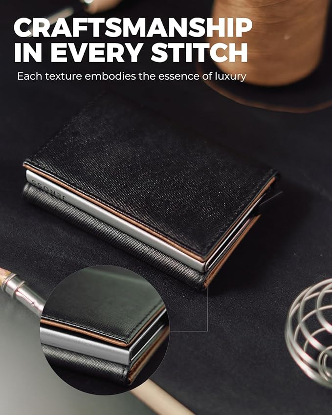 Jenoss Smart Wallet For Men: Full Grain Leather, Handcrafted, Silver Metal Pop Up Case, Slim RFID Blocking Credit Card Holder, Minimalist Compact 12 Cards Slot Organizers ID Money Clip (Black & Brown)