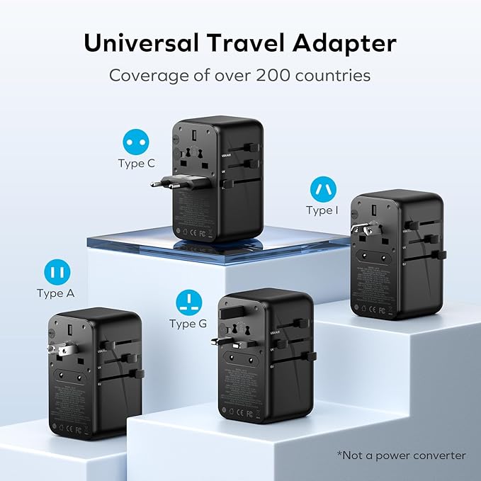 MOMAX 140W Universal Travel Adapter, GaN Technology, EU/UK/AUS/US/JP Worldwide, Fast Charging for iPhone, MacBook pro, Vision Pro, Charging Cable Included