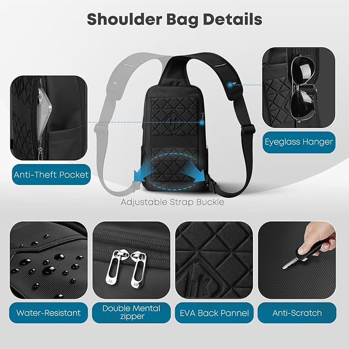 Crossbody Sling Bag for Men, Waterproof Sling Crossbody Backpack with USB Charging Port, Anti Theft Chest Shoulder Hiking Bags Daypack for Commute, Work, Sport, Travel - Black