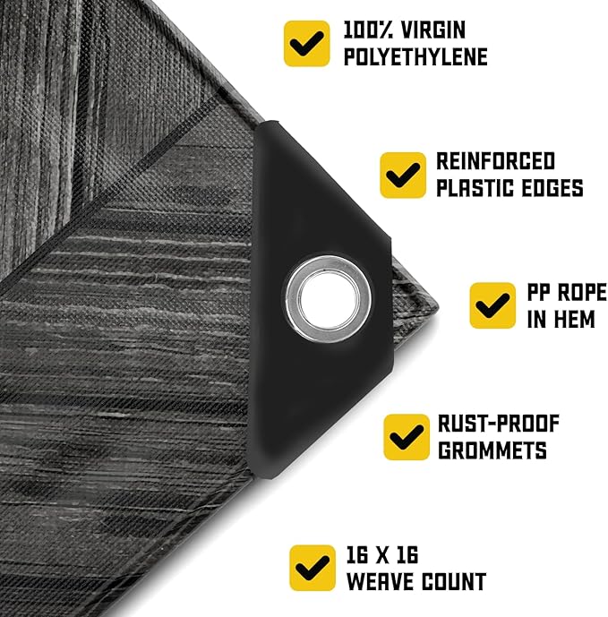 Core Tarps Extreme Heavy Duty 20 Mil Tarp Cover, Waterproof, UV Resistant, Rip and Tear Proof, Poly Tarpaulin with Reinforced Edges for Roof, Camping, Patio, Pool, Boat (Grey Wood/Black 25′ X 45′)