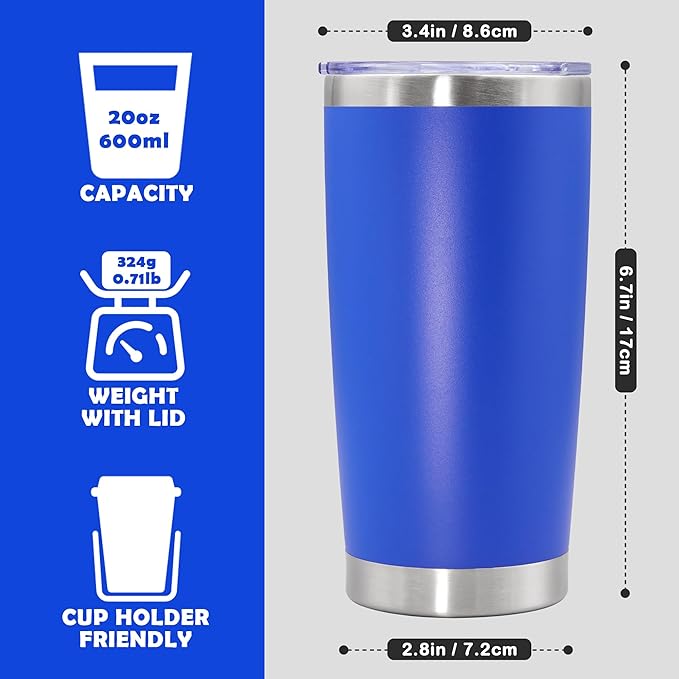 20oz Tumbler Bulk Stainless Steel Tumbler Cup with Lid Vacuum Insulated Double Wall Travel Mug, Durable Powder Coated Travel Coffee Tumbler Mug for Hot & Cold Drinks, Dark Blue,8 Pack