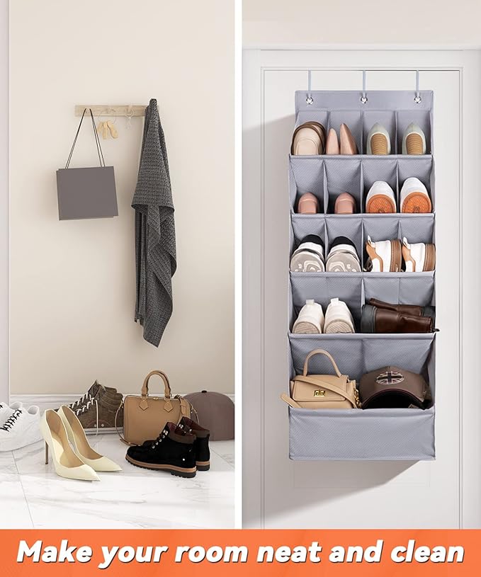 FENTEC 1 Pack Over-the-Door-Shoe-Organizers, Hanging Shoe Organizers with Large Pocket Shoe Holder Hanging Shoe Rack for Closet Shoe Organizer for Wall, Over Door Organizer with 15 Pockets Gray