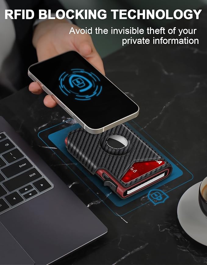 Airtag Wallet for Men, Minimalist Slim Mens Wallet Smart Pop Up Credit Card Holder for 9-13 Cards, RFID Blocking Wallet with ID Window & Cash Slot, Compact Bifold Metal Aluminum Card Case