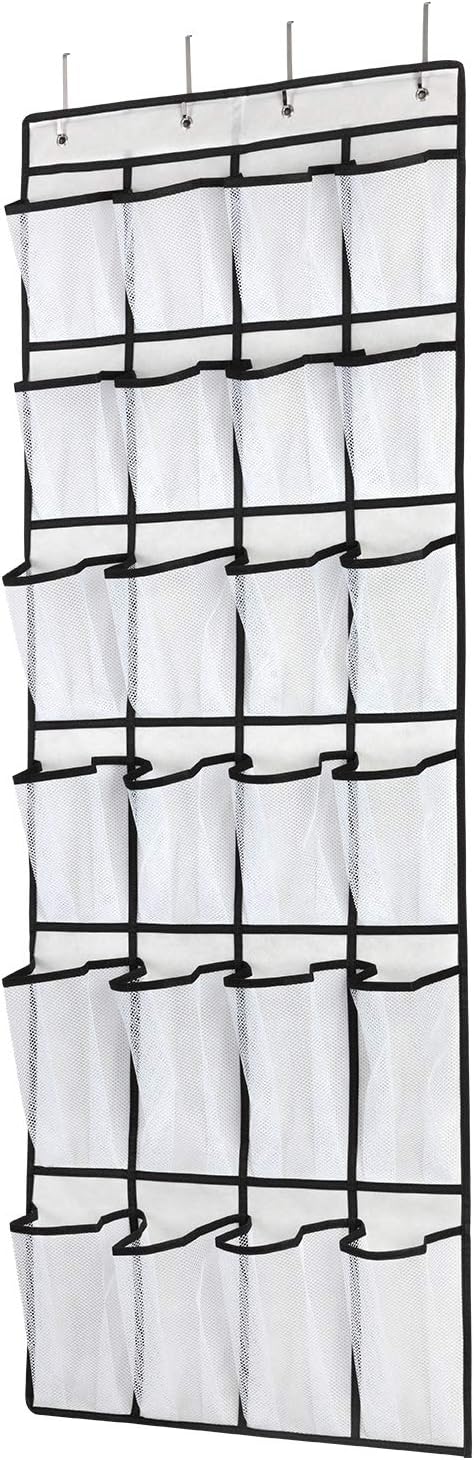 Over The Door Shoe Organizer, Hanging Shoe Organizer with 24 Mesh Large Pockets Door Shoe Rack Organizer for Men Women Kids Hanging Shoe Storage Bag.(White