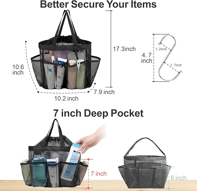F-color Mesh Shower Caddy Portable with Drawstring - Upgrade Deeper 7 Pockets Dorm Room Essentials for Guys Girls with S Hook, Shower Bag Basket Tote for College Camping Bathroom, 2 Pack Black