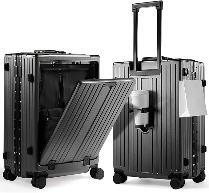 UrbanExplorer 24 Inch Check-In Aluminum Frame Luggage, ABS+PC Hard Shell Suitcases with Spinner Wheels TSA Approved Checked Luggage, Zipperless Suitcases with Cup Holder, Gray