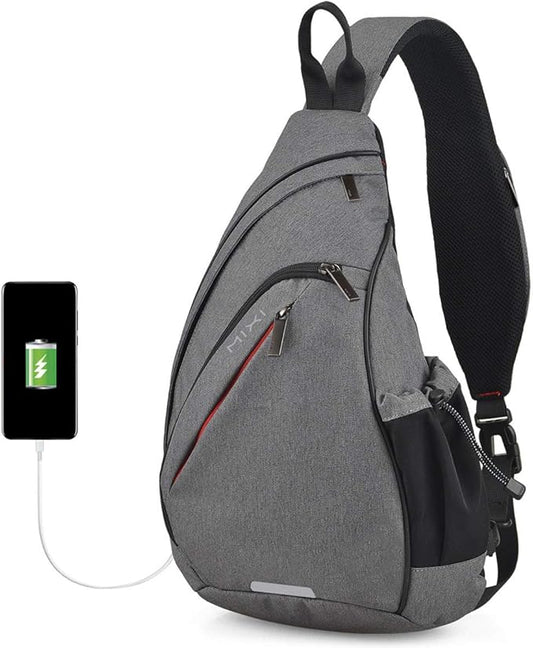 mixi Sling Bag Men Backpack Unisex One Shoulder Bag Hiking Travel Backpack Crossbody with USB Port for Men Women Versatile Casual Daypack-20 inch,Gery