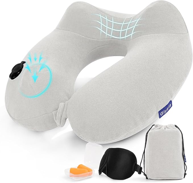 Inflatable Travel Neck Pillow for Airplane, Head Support Velvet Adult Neck Pillow for Long Flight, Kit with Eye Mask, Earplugs and Storage Bag,1, Light Gray