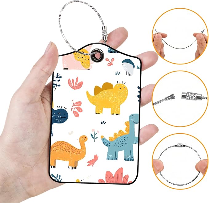 Luggage Tags for Suitcases, 2-Pack PU Leather for Cruise & Travel, Baggage ID Tags with Privacy Cover & Address Card, Durable Metal Ring, Kids Adults Travel Accessories, Playful Dinos
