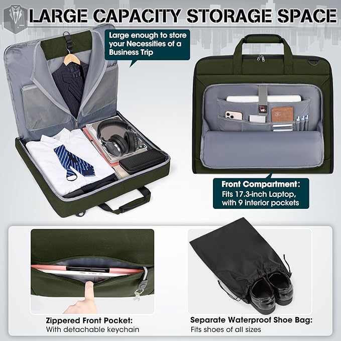 RAINSMORE Garment Bags for Travel Carry On Garment Bag for Hanging Clothes, Suit Bag for Business Trips with Shoes bag & Shoulder Strap, Waterproof Foldable Suit Luggage Bag for Men Women, Green