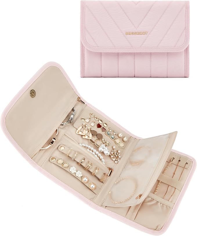 BAGSMART Travel Jewelry Organizer Case, Foldable Jewelry Roll for Necklaces, Earrings, Journey-Rings, Bracelets, Brooches, Portable, Pink