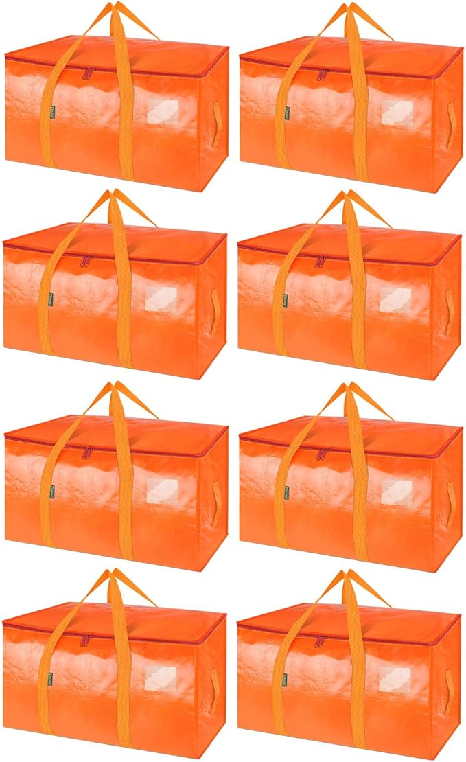 BALEINE 8-Pack Oversized Moving Bags with Reinforced Handles, Heavy-Duty Storage Tote for Clothes, Moving Supplies (Orange, 8-Pack)