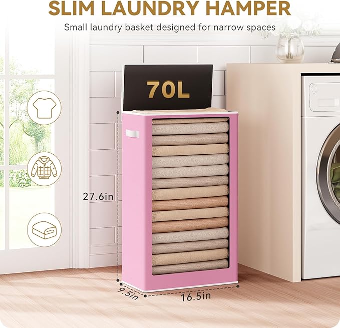 SOLEDI Slim Laundry Hamper with Lid, Narrow Laundry Basket with Removable Bags, Dirty Clothes Hamper with handle, Small Hamper perfect for Laundry room, Bathroom, Bedroom, Small spaces. 70L Pink