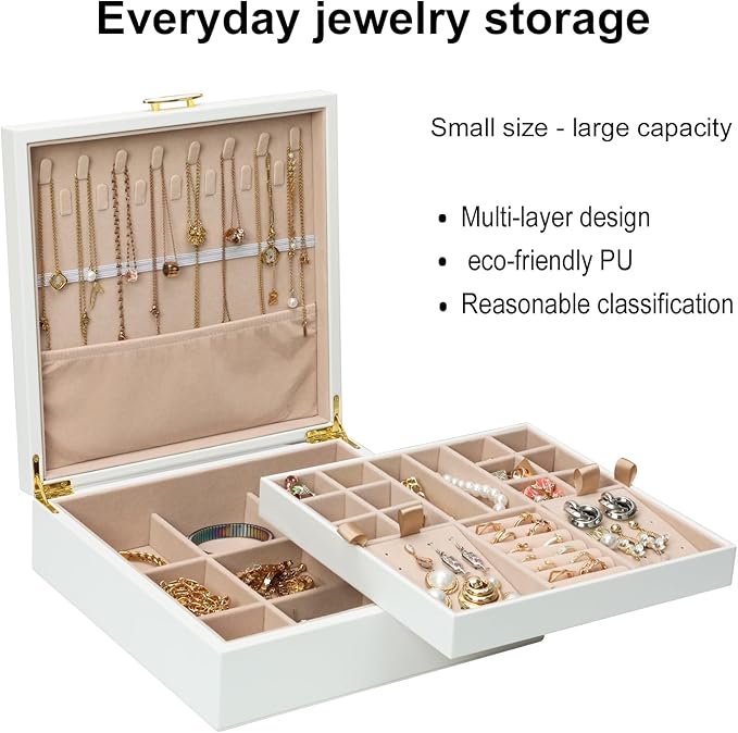 Jewelry Box Organizer for Women,White 2 Layer jewelry Stoarge Case,Built in Necklace Hook and Detachable Jewelry Tray,Indoor Jewelry Display Box