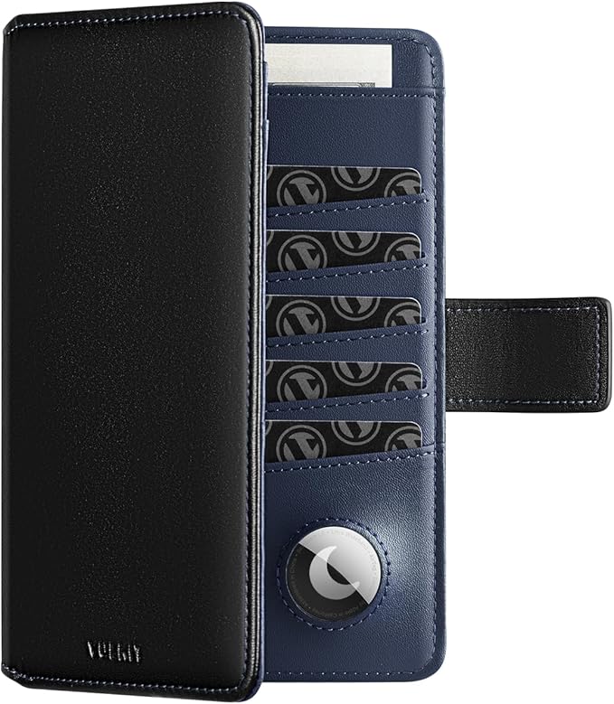 VULKIT Passport Holder with Airtag Holder RFID Blocking Passport Wallet Travel Leather Passport for Women(Black Navy)