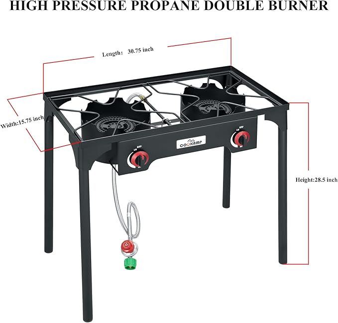 High Pressure Double Propane Burner Outdoor Camping Stove with 0-20 PSI Adjustable Regulator and Steel Braided Hose (Two Burner Stove)