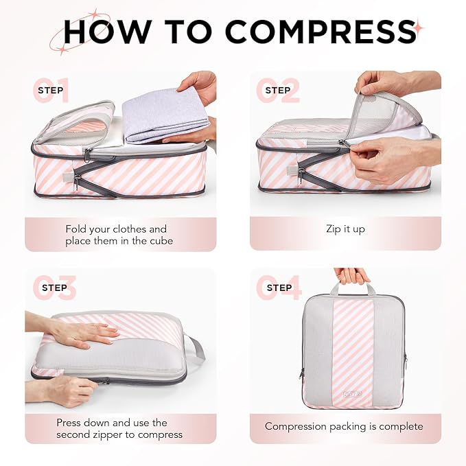 8 Set Compression Packing Cubes for Travel Essentials,Compressible Expandable Packing Cubes for Suitcase,OlarHike Luggage Organizer Bags for Travel,Handy Helper for Organizing Clothes(Pink Stripped)
