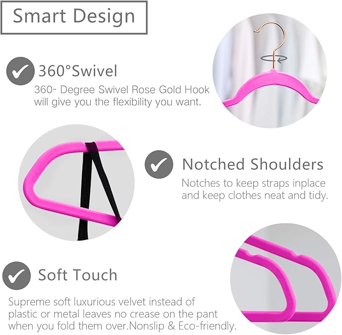 MIZGI Premium Velvet Hangers (Pack of 50) Heavyduty - Non Slip - Velvet Suit Hangers Pink - Copper/Rose Gold Hooks,Space Saving Clothes Hangers