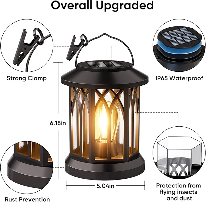 6 Pack Solar Lanterns Outdoor Waterproof - Hanging Lanterns Decorative Outdoor Patio Decor with Clip Solar Lantern for Outside - Outdoor Lanterns for Patio Garden Waterproof Gifts for Women Mom Family