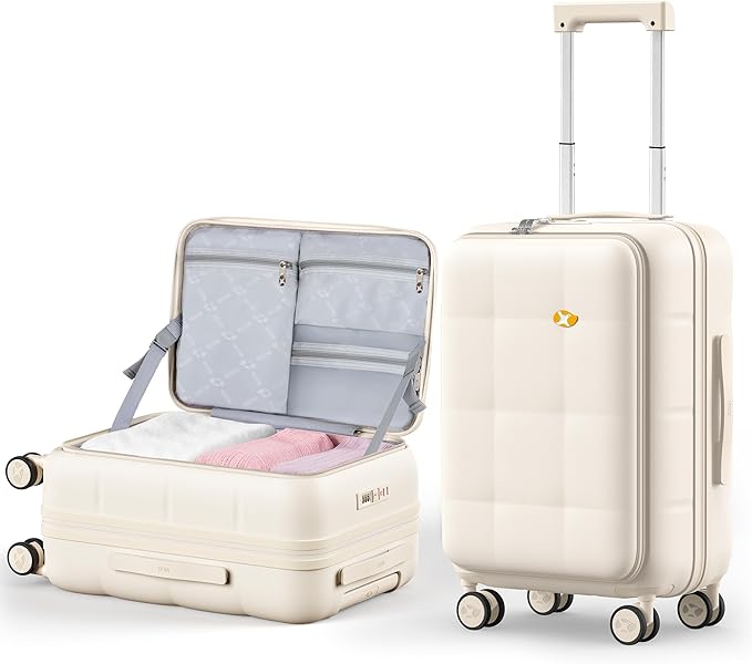 MGB 20 Inch Expandable Carry On Luggage with Wheels PC Hard Shell Suitcase Top Opening Travel Luggage Suitcases for Woman Men Gifts (Cream)