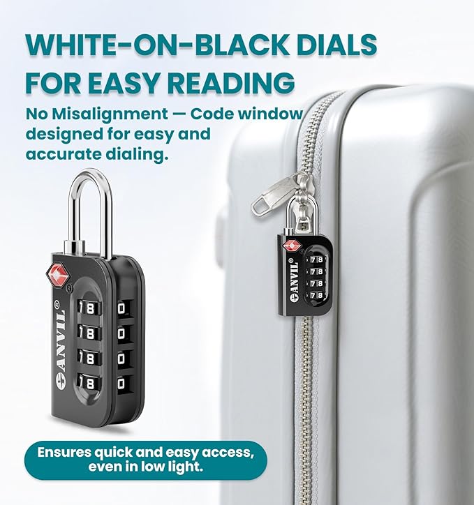 ANVIL TSA Approved Luggage Lock - 4 Digit Combination, 10,000 Combinations, Easy-Read Password Window, Travel Lock for Suitcases, Backpacks, Gym & Student Lockers, Baggage