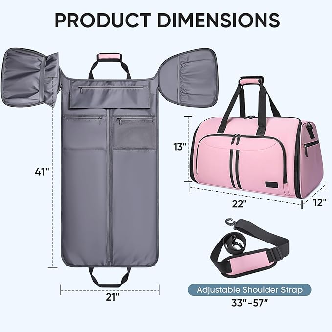 BALEINE Convertible Garment Bag with Shoe Compartment, 2 in 1 Carry on Garment Duffle Bags for Travel, Suit Bag for Men Women (Pink)