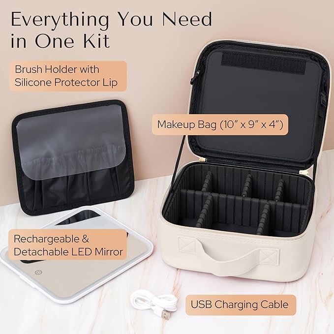 Makeup Bag with LED Mirror – Travel Cosmetic Organizer with Lighted Mirror, Adjustable Dividers & Brush Holder Storage – Portable PU Leather Makeup Case for Women & Girls - Cream
