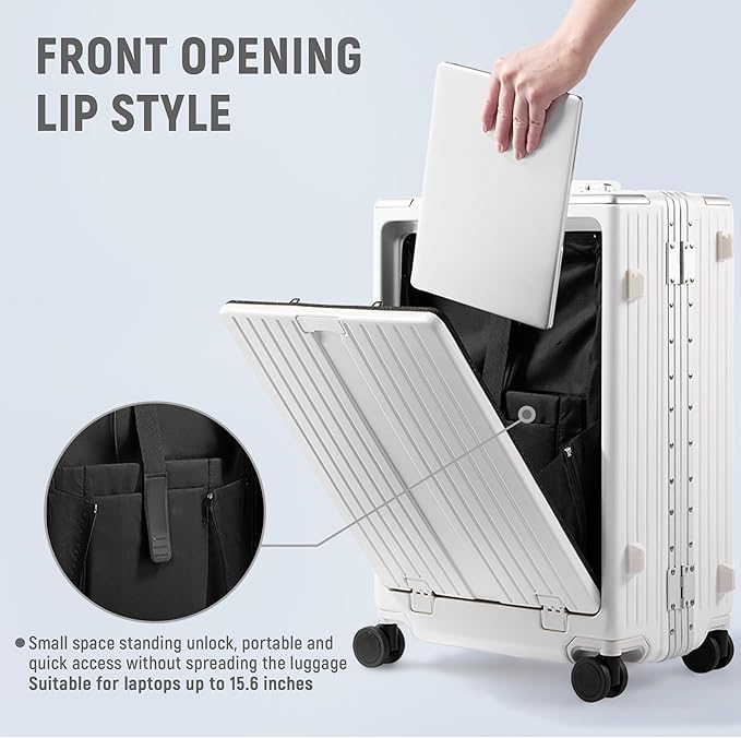 UrbanExplorer 24 Inch Check-In Aluminum Frame Luggage, ABS+PC Hard Shell Suitcases with Spinner Wheels TSA Approved Checked Luggage, Zipperless Suitcases with Cup Holder, White