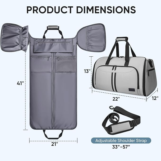 BALEINE Convertible Garment Bag with Shoe Compartment, 2 in 1 Carry on Garment Duffle Bags for Travel, Suit Bag for Men Women (Gray)