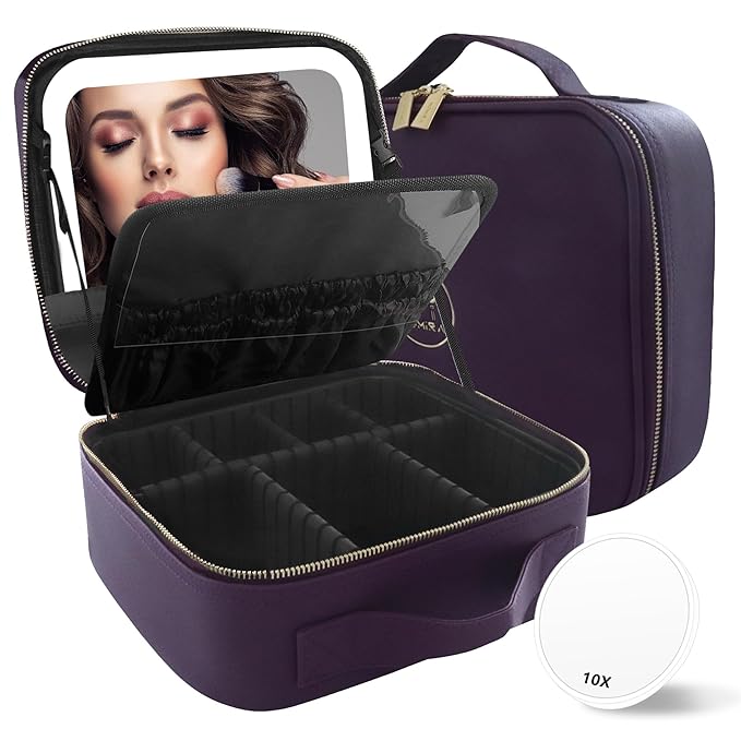 MOMIRA Travel Makeup Bag Cosmetic Bag with Lighted Mirror, Adjustable Brightness in 3 Color Scenarios, Waterproof, 10x Magnifying Mirror, Rotatable Independent Light Mirror- Deep purple (Solid)
