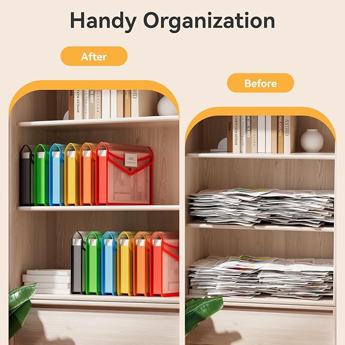 ABC life 6 Pack Plastic Expanding File Folder, Folders for Documents with Snap Closure, Colorful File Folder Organizer Holder, Transparent Accordion File Pouch,Large Capacity, Fit Letter/A4 Size