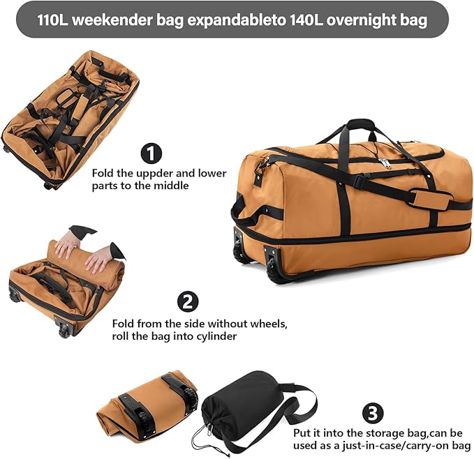 Vomgomfom 32" Soft-Sided Foldable Wheeled Travel Duffel Bag,Expandable 110L to 140L Rolling Cargo Bag with 2 Wheels and Multiple Pockets,Brown