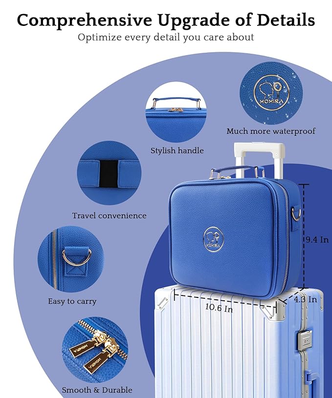 MOMIRA Travel Makeup Bag Cosmetic Bag with Lighted Mirror, Adjustable Brightness in 3 Color Scenarios/Detachable makeup mirror, All-round Upgrade, Waterproof, Gift for Women -Blue