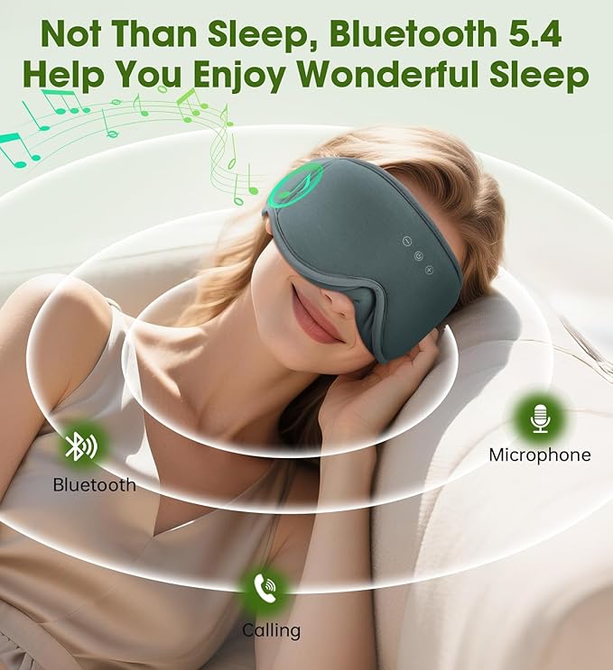 Bamboo Cotton Sleep Mask with Bluetooth Wireless Headphones - Blackout Eye Mask for Sleeping 3D Contoured Sleep Headband Ear Muffs Lengthen & Low Noise Hook for Better Experience (Grey)