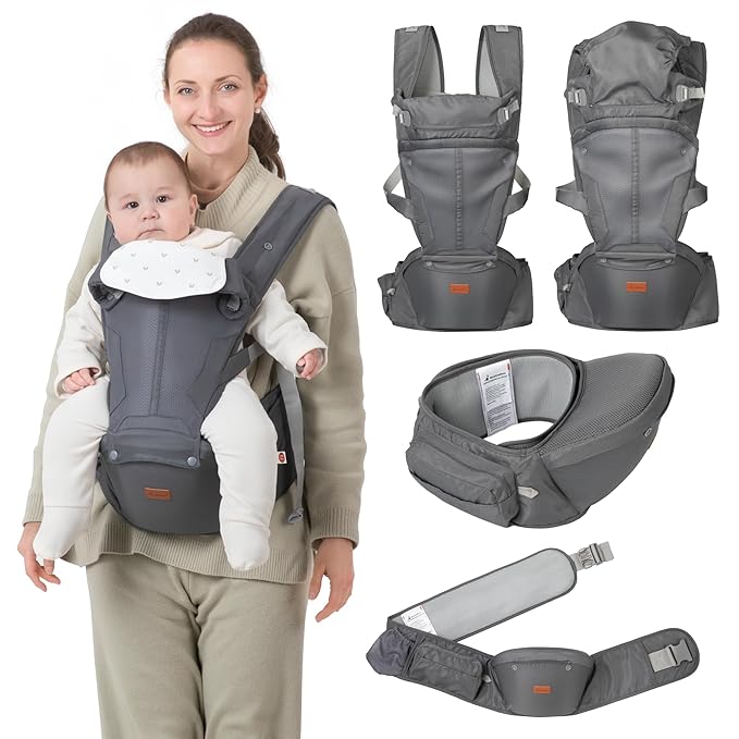 BabbleRoo Grow Carrier – 6-in-1 Baby Carrier with Hip Seat, Ergonomic, Cozy & Adjustable Toddler Carrier 7-50 lbs with Hip & Lumbar Support, Hood for Sun Protection, Newborn to Toddler, Gray