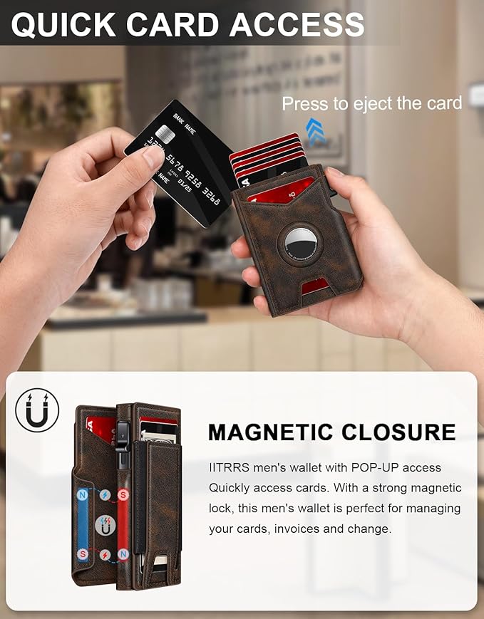 Airtag Wallet for Men, Minimalist Slim Mens Wallet Smart Pop Up Credit Card Holder for 9-13 Cards, RFID Blocking Wallet with ID Window & Cash Slot, Compact Bifold Metal Aluminum Card Case