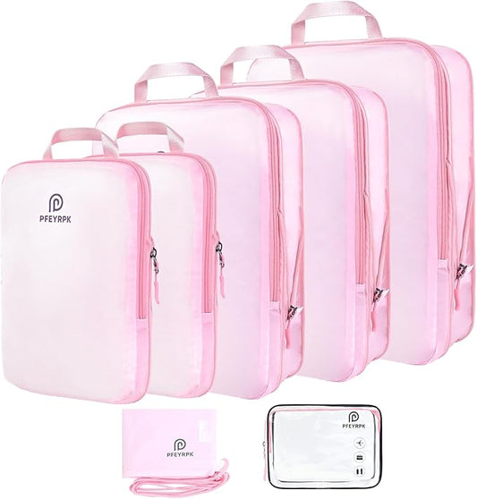 Lightweight Compression Packing Cubes for Suitcases, Compressible Expandable Travel Packing Organizer with Clear Toiletries and Backpack Bag, Travel Essentials for Carry on Luggage 7 Set