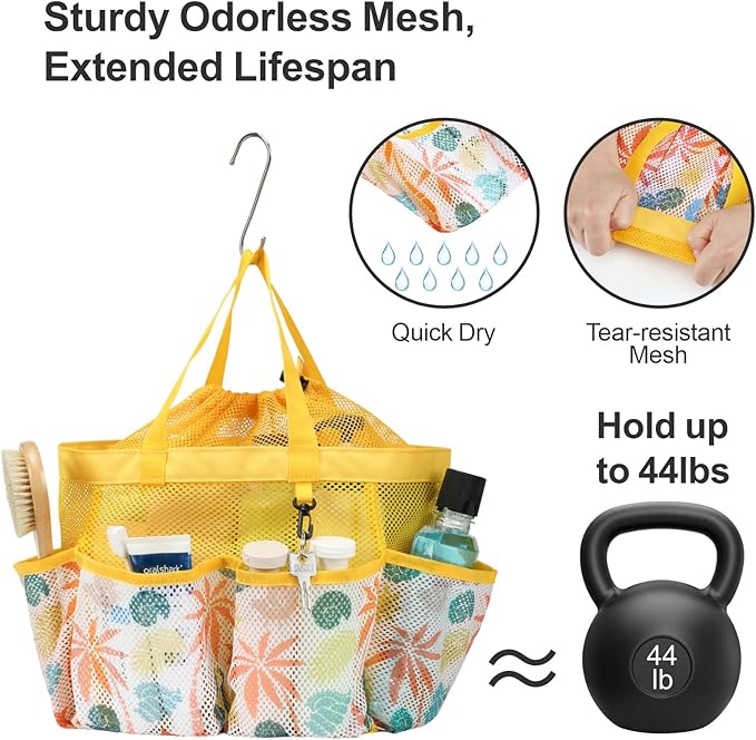 F-color Mesh Shower Caddy Portable with Drawstring - Upgrade Deeper 7 Pockets Dorm Room Essentials for Guys Girls with S Hook, Shower Bag Basket Tote for College Camping Bathroom, Yellow Beach