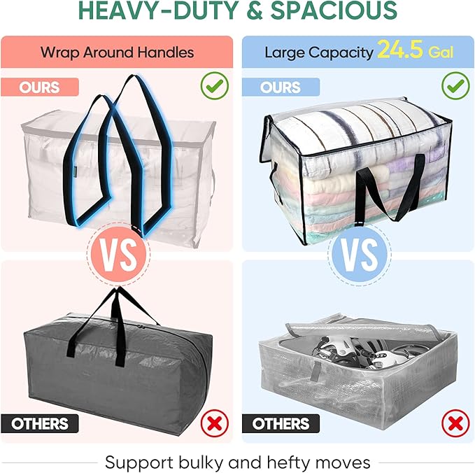 BALEINE 4-Pack Oversized Moving Bags with Reinforced Handles, Heavy-Duty Storage Tote for Clothes, Moving Supplies (Clear, 4-Pack)