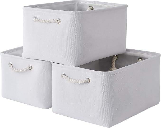 TheWarmHome Storage Basket for Gifts Empty - Large 3 Pack 15.7x11.8x8.2 inch Storage Basket for Organizing with Handles, Canves Storage Bins for Organizer Closet Toy Cubes Gift (White)