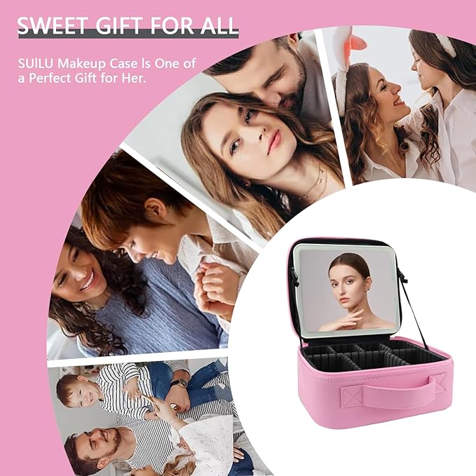 Makeup Bag with Led Mirror,Travel Makeup Organizer with 3 Color Setting & 10X Magnifying Mirror, Portable Storage and Adjustable Dividers Travel Makeup Bag-Dark Pink