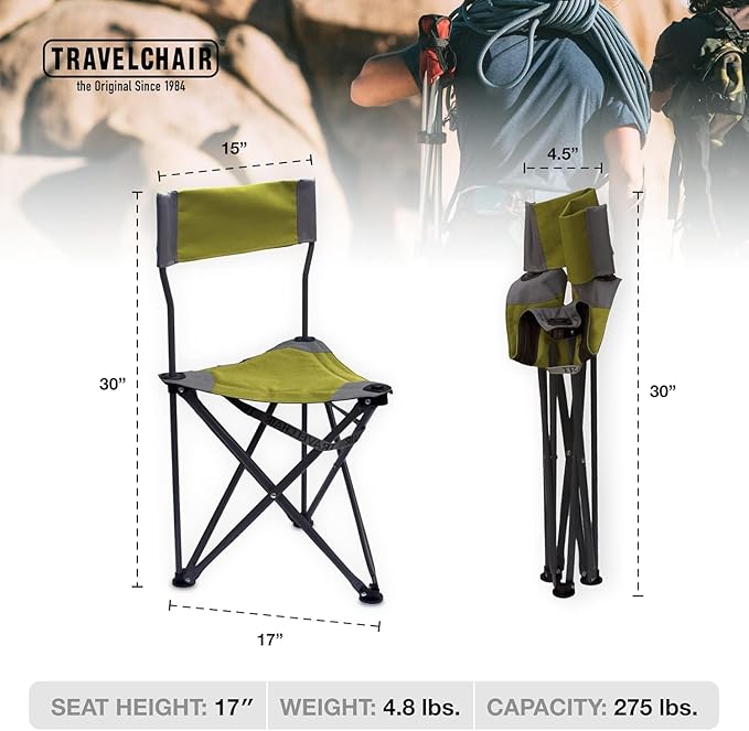 Travel Chair Ultimate Slacker, Quick Folding Tripod Stool with Backrest, Fishing Camping Hiking Chair with Carry Strap, Polyester, Green