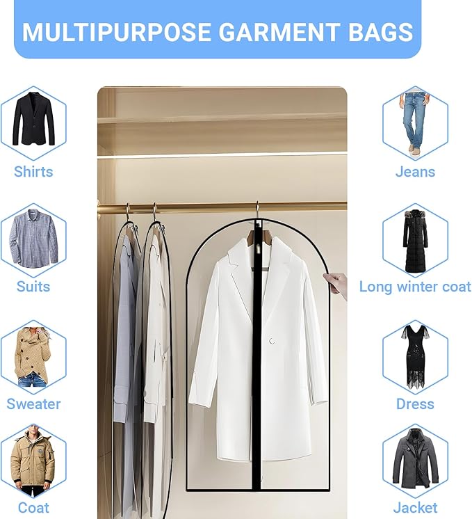 Garment Bags for Hanging Clothes 24'' x 60'' (Set of 12) Coat Covers for Closet Foldable Washable Dress Bags for Hanging Clothes for Long Dress Dance Costumes Suits Gowns Coats