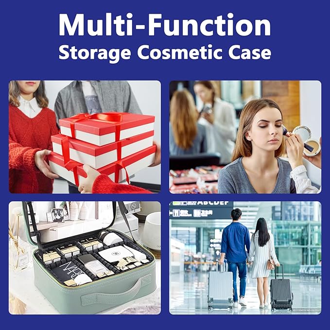 Travel Makeup Bag for Makeup Artists Large Makeup Case,with Mirror 3 Color Setting and Detachable 10x Magnifying Mirror Travel Makeup Bag,Portable Storage and Adjustable Dividers-dark blue