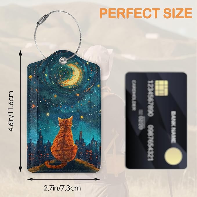 Starry Night Orange Cat 3 Pack PU Leahter Luggage Tag with Stainless Steel Loop, Galaxy Dog Under Stars Travel Suitcase Labels with Privacy Cover ID Label Quickly Spot for Bags