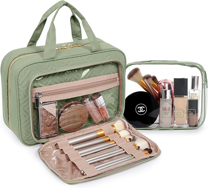 BAGSMART Toiletry Bag Hanging Travel Makeup Organizer with TSA Approved Transparent Cosmetic Bag Makeup Bag for Full Sized Toiletries, Large-Green