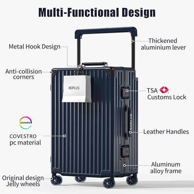 Aluminium Frame Checked-Luggage with Smooth Jelly Wheels, Hardside Zipperless Rolling Suitcase with TSA Lock (Blue, 24-Inch)