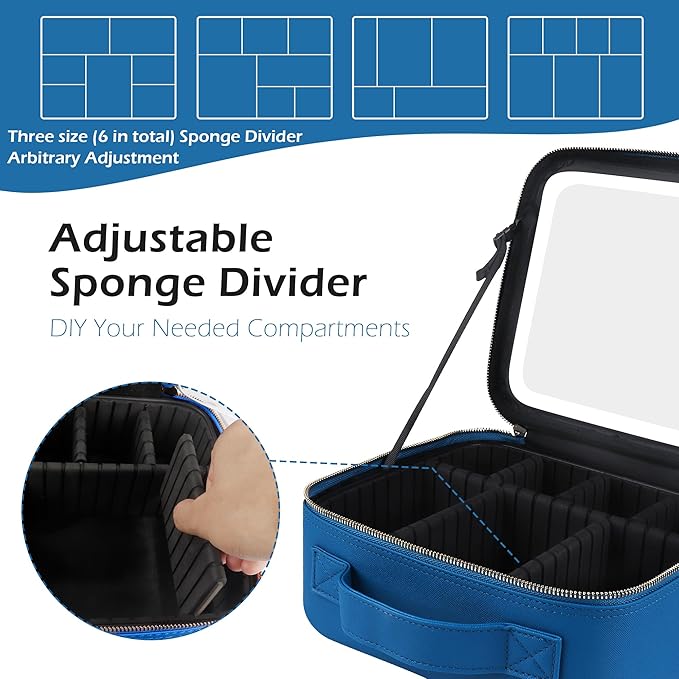 MOMIRA Travel Makeup Bag Cosmetic Bag Makeup Organizer Bag with Lighted Mirror, Adjustable Brightness in 3 Color Scenarios, Waterproof Makeup Train Case, Gift for Women - Cyan Blue