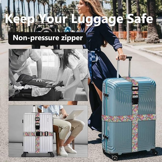 2 Pack Luggage Straps for Suitcases Adjustable Luggage Belt TSA Approved, Bright Colors Travel Packing Straps with Quick Release Buckle Unique Nylon for Sleeping Bag Car Seat, Bohemia