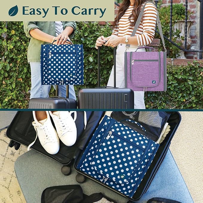 PAVILIA Extra Large Toiletry Bag Travel Bag for Women Men, Hanging Cosmetic Organizer, Water Resistant Makeup Bag for Accessories Toiletries, Travel Essentials Kit (Navy Polka Dot)